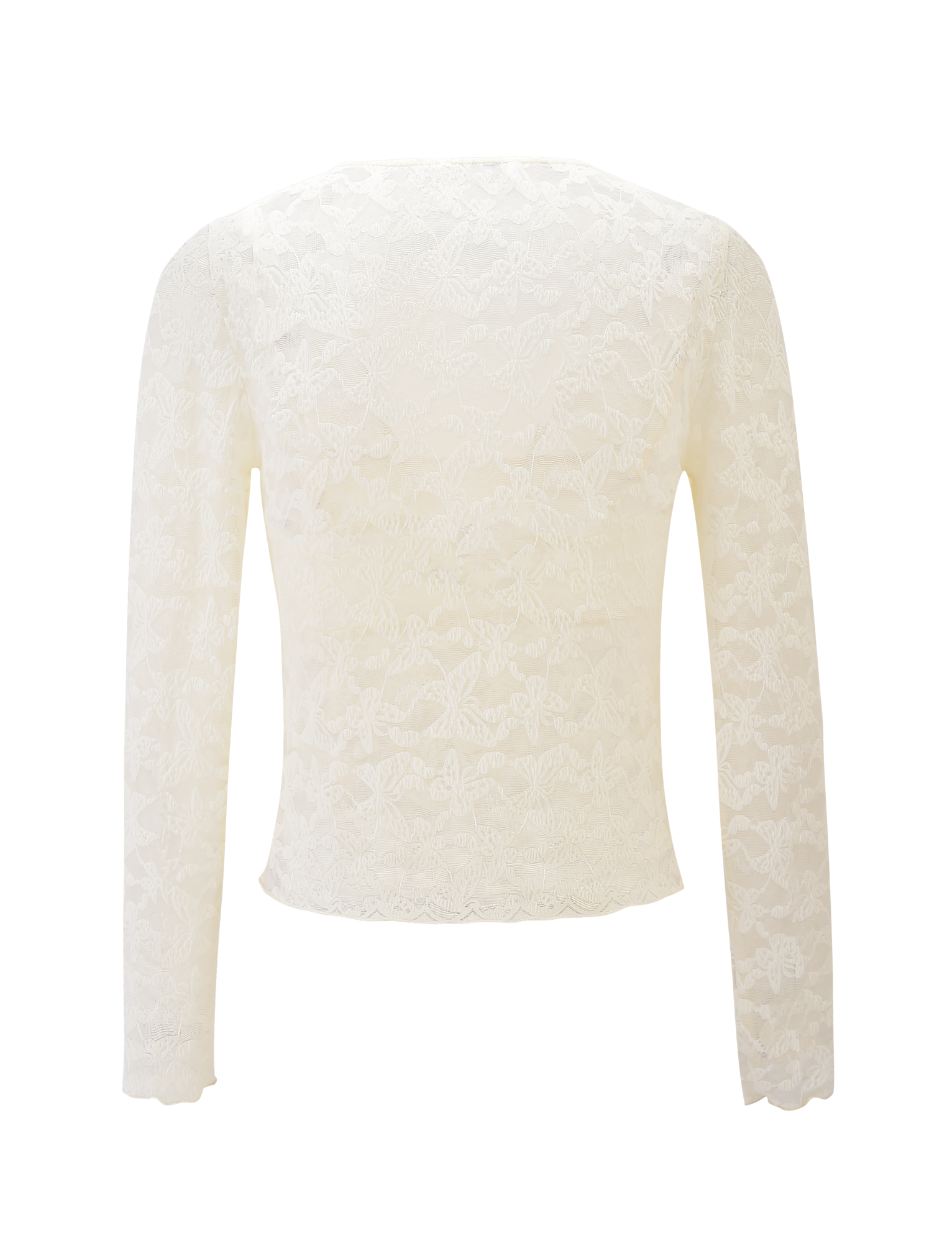 The GIULIA 2PC TOP by TIGERMIST is an ivory lace, long-sleeve floral top with a fitted silhouette, scalloped hem and cuffs. Shown from the back, its delicate semi-sheer fabric is perfect for layering over your favorite cardigan.