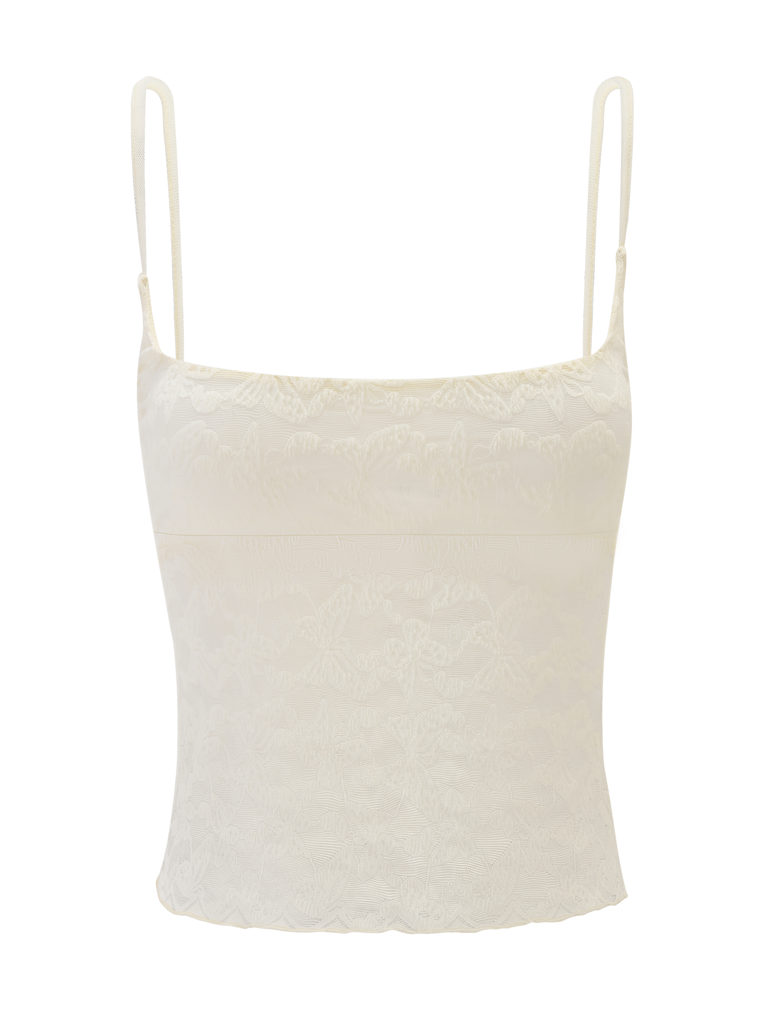 The GIULIA 2PC TOP - IVORY LACE by TIGERMIST is a sleeveless top with adjustable straps, a square neckline, and delicate floral lace—perfect for layering under your favorite cardigan.