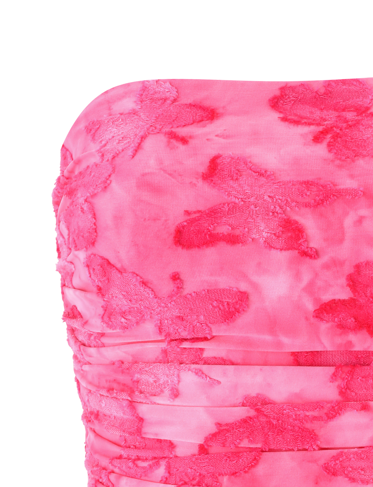 The PATRIZIA TOP - PINK BUTTERFLY by TIGERMIST is a pink bandeau featuring ruched fabric and a textured butterfly pattern in a darker pink shade.