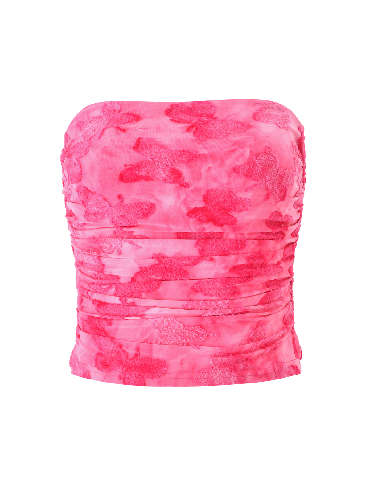 The PATRIZIA TOP - PINK BUTTERFLY by TIGERMIST is a strapless bandeau with a ruched design, sheer fabric, shiny accents, and floral embroidery for a textured, elegant look.