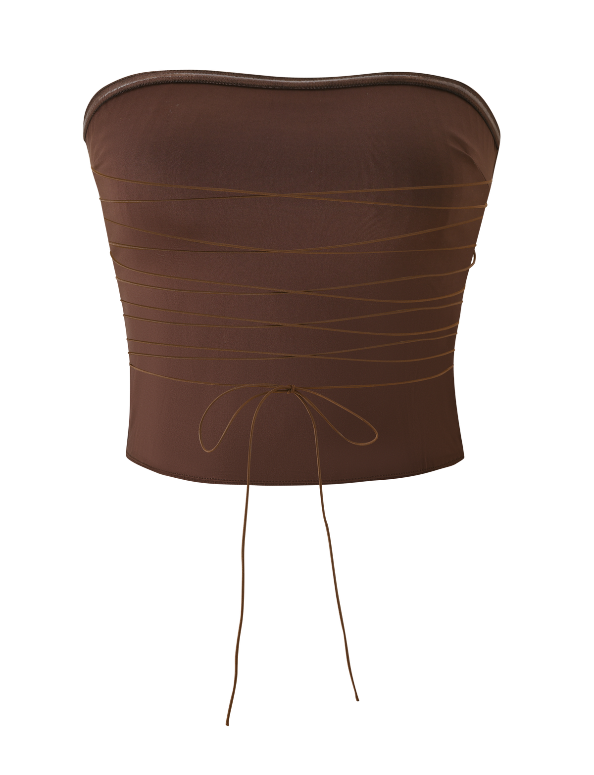 The TIGERMIST GWENDOLINE TOP - CHOCOLATE is a strapless, brown textured stripe top with thin long waist ties forming a front bow, shown on a plain white background.
