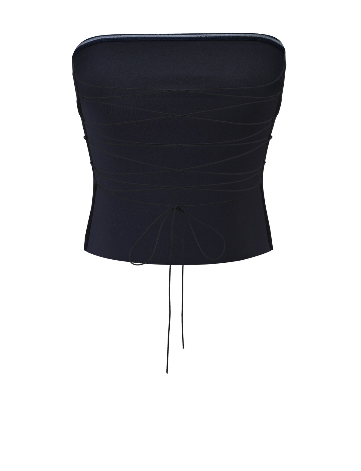 The GWENDOLINE TOP - NAVY by TIGERMIST is a navy strapless top with a textured stripe design, featuring a lace-up back and delicate thin ties.