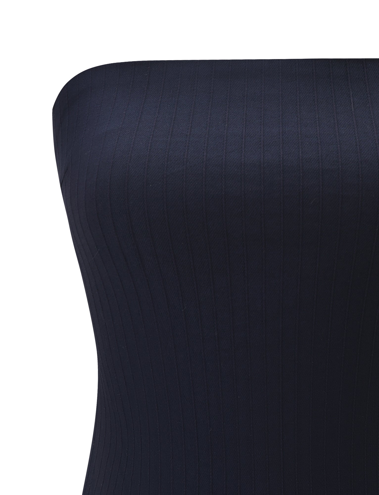 Close-up of the TIGERMIST GWENDOLINE TOP in navy, showcasing its ribbed, strapless design with vertical textured stripes and a sleek, form-fitting silhouette against a white background.