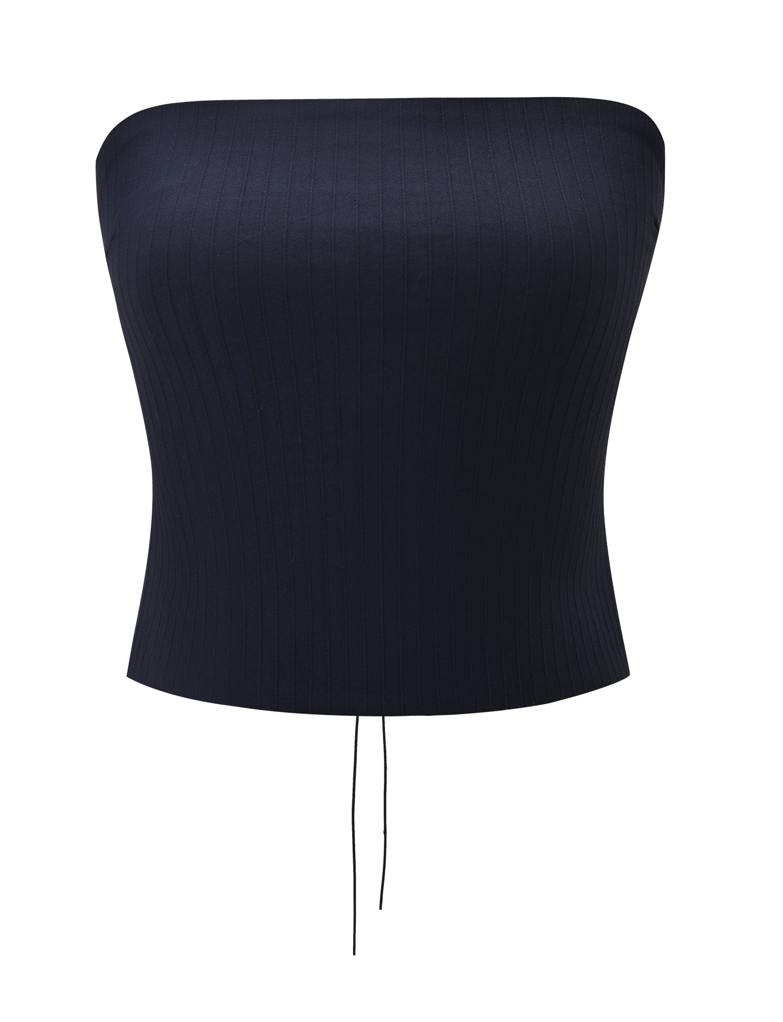 Introducing the GWENDOLINE TOP - NAVY by TIGERMIST: a strapless, fitted tube top in navy with subtle vertical textured stripes, featuring a chic lace-up back and two thin drawstrings at the bottom center.