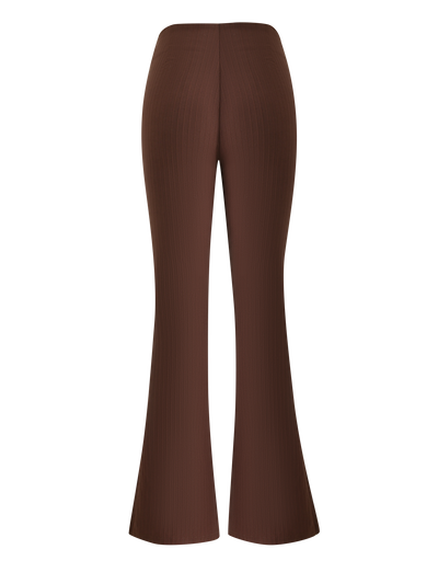 Back view of TIGERMIST GWENDOLINE PANT - CHOCOLATE, high-waisted ribbed knit flared leg pants, shown against a white background.
