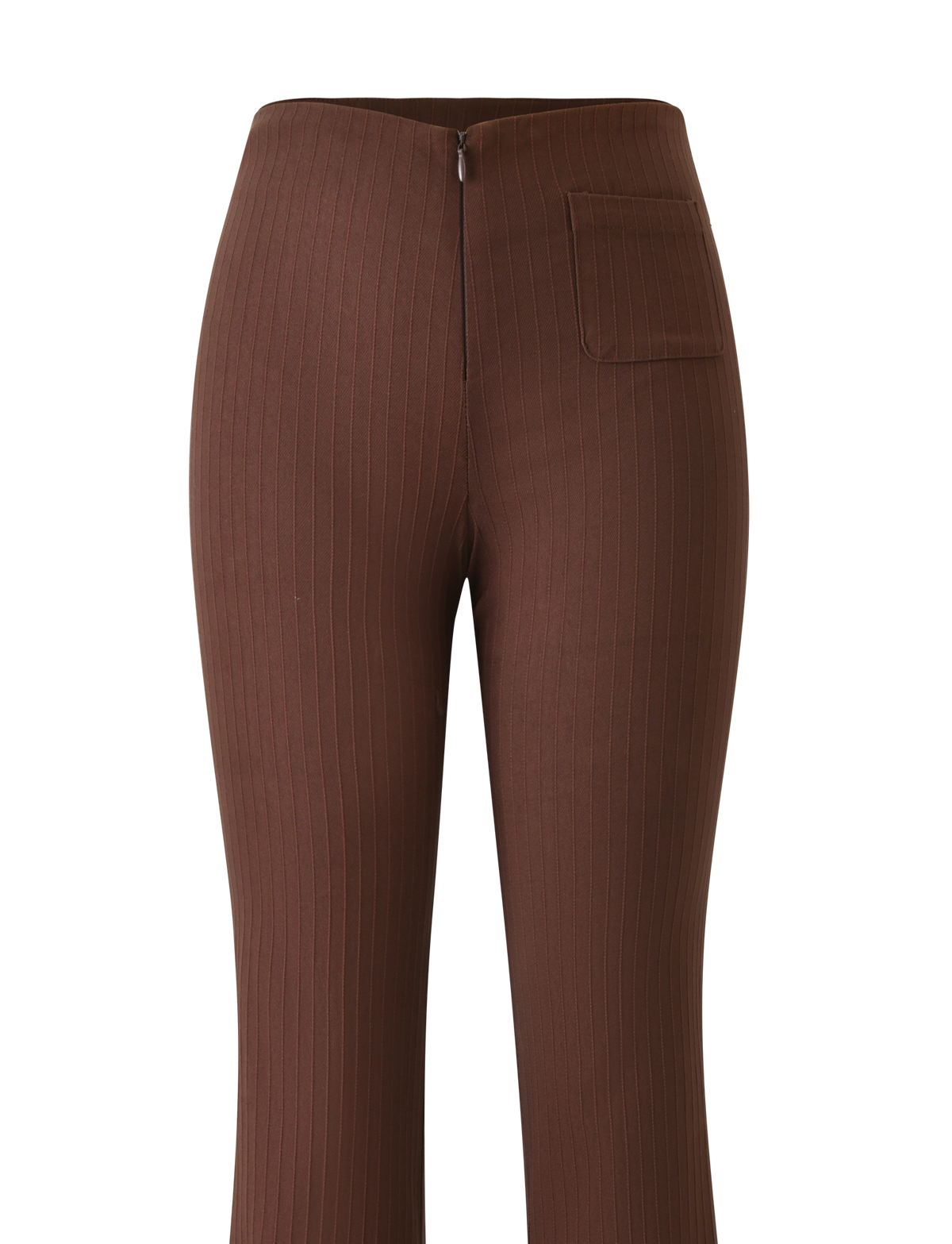 The GWENDOLINE PANT - CHOCOLATE by TIGERMIST features brown high-waisted, flared ribbed legs, a front zipper, and a single side patch pocket—offering a modern twist on classic suit pants, shown against a plain white background.