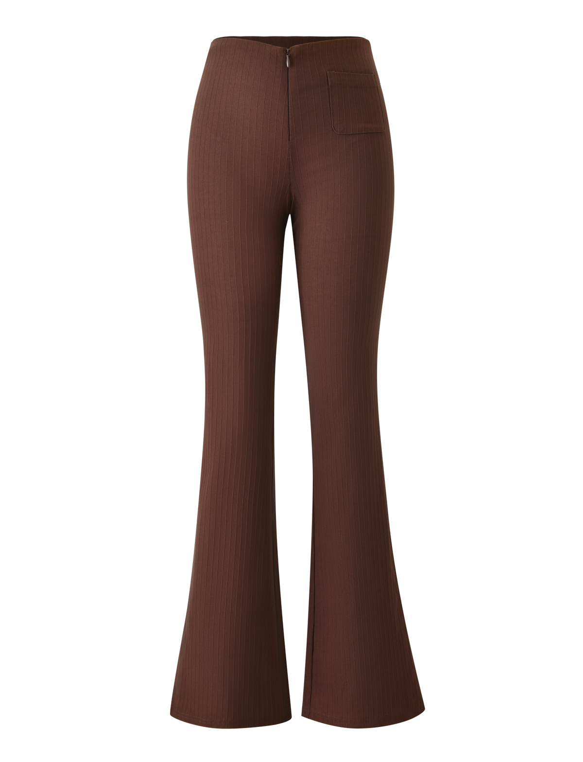 The TIGERMIST GWENDOLINE PANT - CHOCOLATE features a high waist, ribbed flared leg, front zipper, and a single right-side pocket, shown here against a white background.