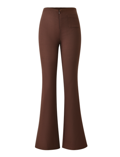 The TIGERMIST GWENDOLINE PANT - CHOCOLATE features a high waist, ribbed flared leg, front zipper, and a single right-side pocket, shown here against a white background.