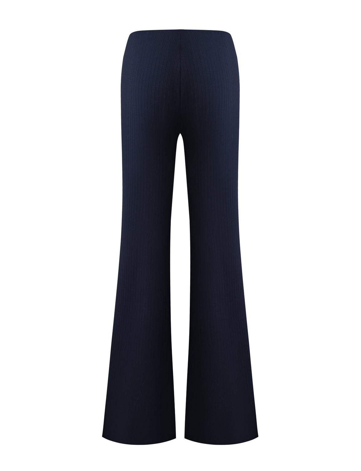 The TIGERMIST GWENDOLINE PANT in navy is a high-waisted, ribbed knit flared leg pant, shown from the back on a white background.