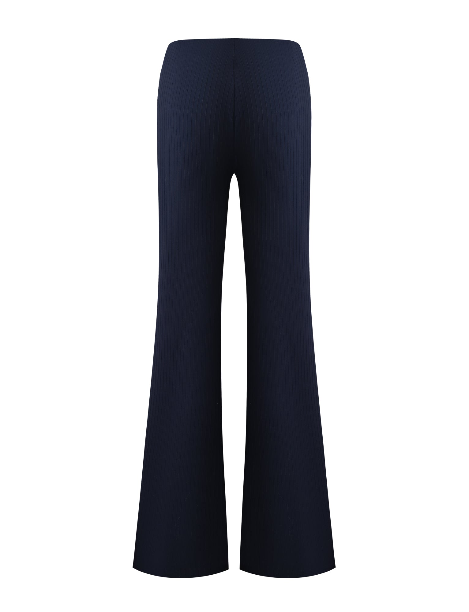 The TIGERMIST GWENDOLINE PANT in navy is a high-waisted, ribbed knit flared leg pant, shown from the back on a white background.
