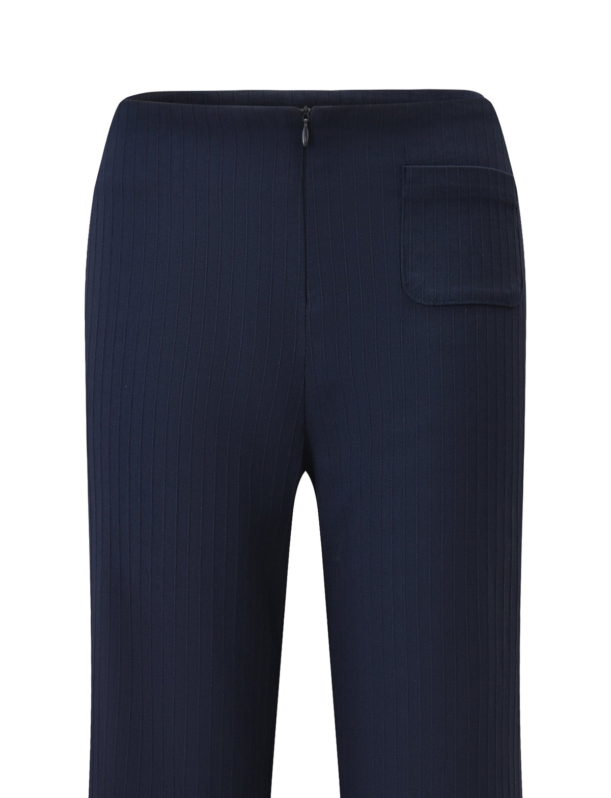 The TIGERMIST GWENDOLINE PANT - NAVY features pinstripes, a high waist, right single back pocket, flared leg, center back zipper, and is crafted from a smooth, structured fabric.