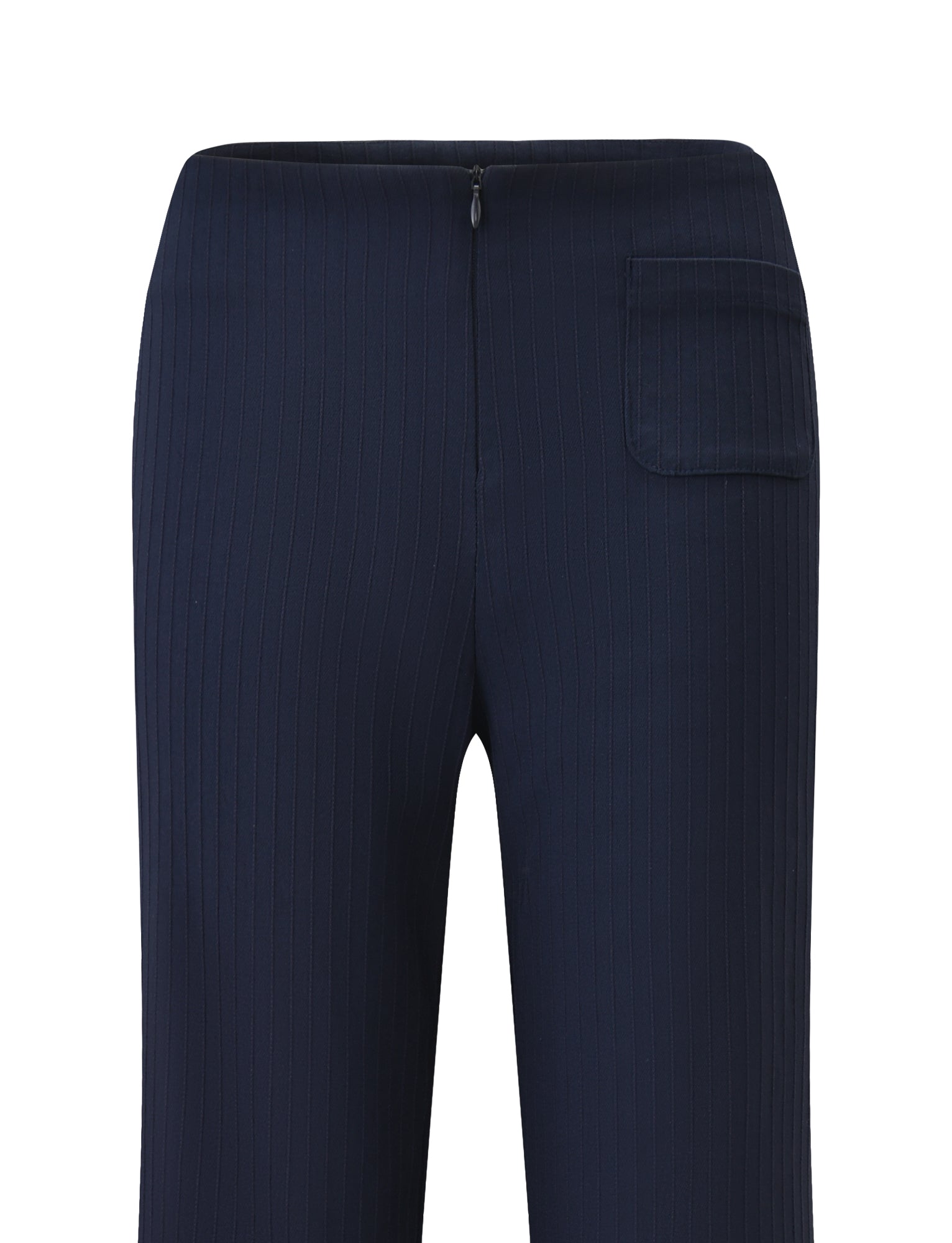 The TIGERMIST GWENDOLINE PANT - NAVY features pinstripes, a high waist, right single back pocket, flared leg, center back zipper, and is crafted from a smooth, structured fabric.