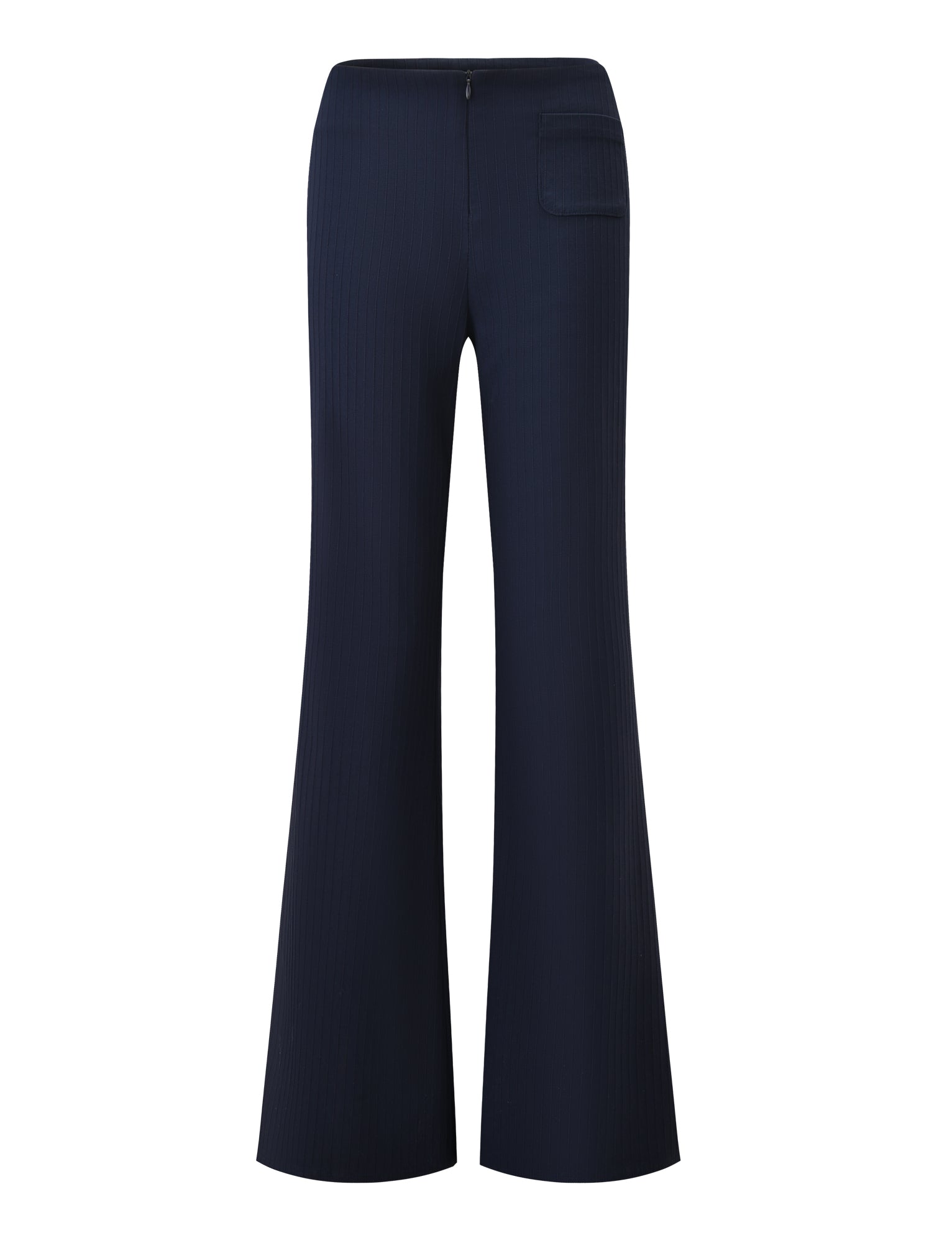 The GWENDOLINE PANT - NAVY by TIGERMIST features a ribbed knit, flared leg, high waist, back zipper, and a single right patch pocket for a sleek, modern look.