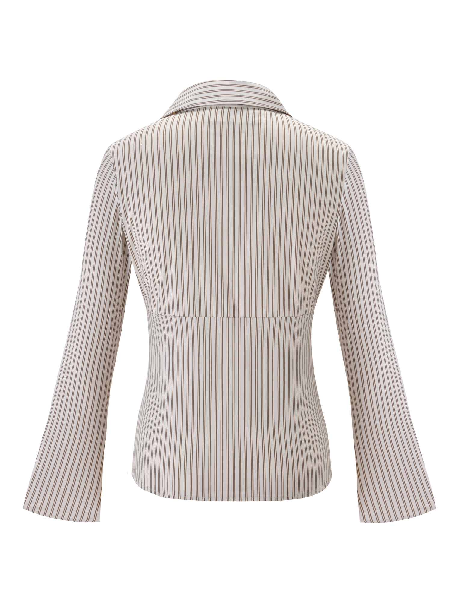 Back view of the TIGERMIST SABRINE SHIRT - BEIGE STRIPE, featuring narrow vertical beige and white pinstripes, a collar, fitted waist, polished finish, and slightly flared sleeves.