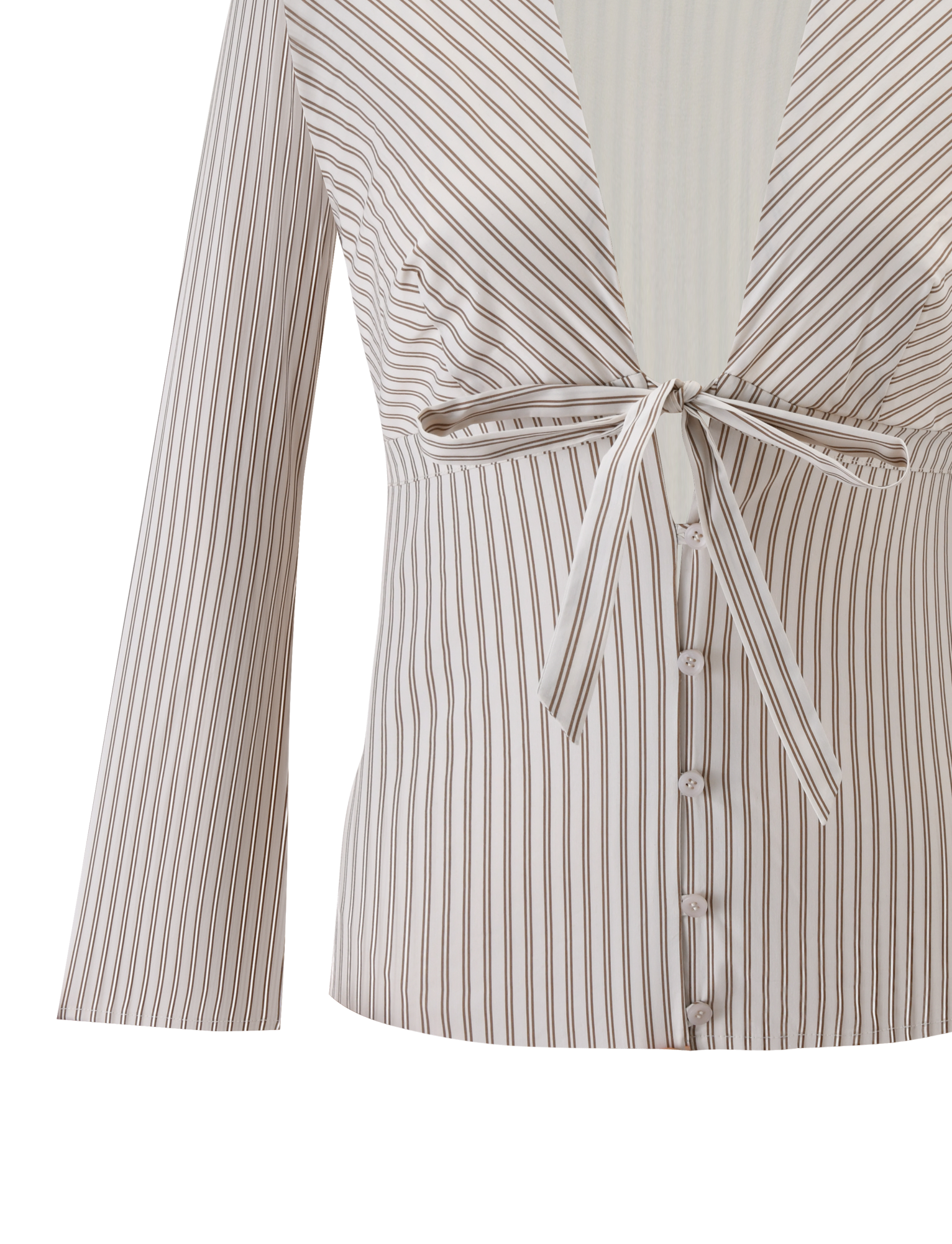 The SABRINE SHIRT - BEIGE STRIPE by TIGERMIST features thin brown vertical pinstripes, a deep V-neckline, front tie at the bust, and buttons down the front. This tailored shirt is shown against a plain white background.