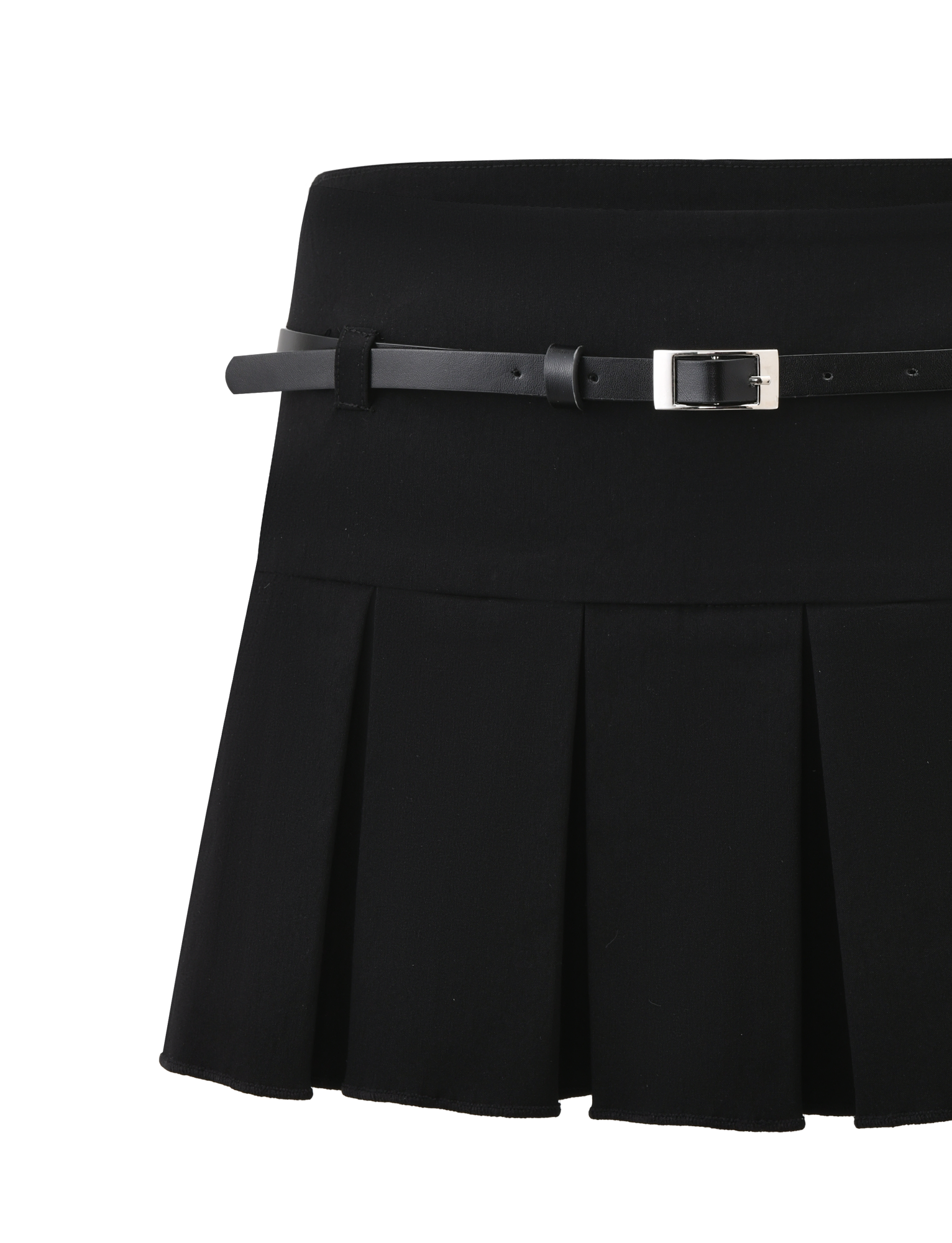 The ANNELISE SKORT - BLACK by TIGERMIST is a pleated mini skort with in-built shorts, styled with a slim black belt and silver buckle, displayed against a plain background.