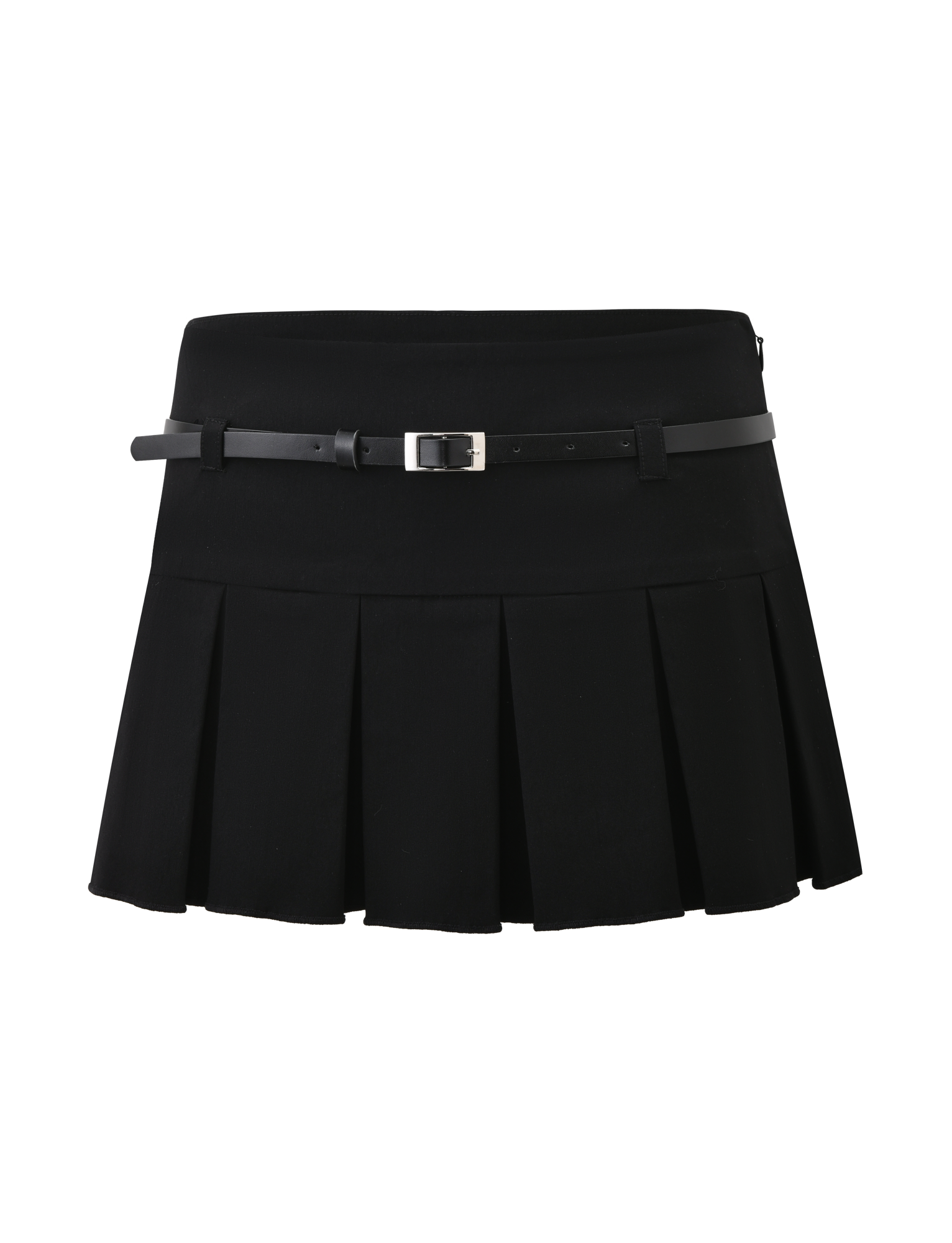 The TIGERMIST ANNELISE SKORT - BLACK is a pleated mini skirt with in-built shorts and a detachable belt with silver buckle, shown against a plain background.