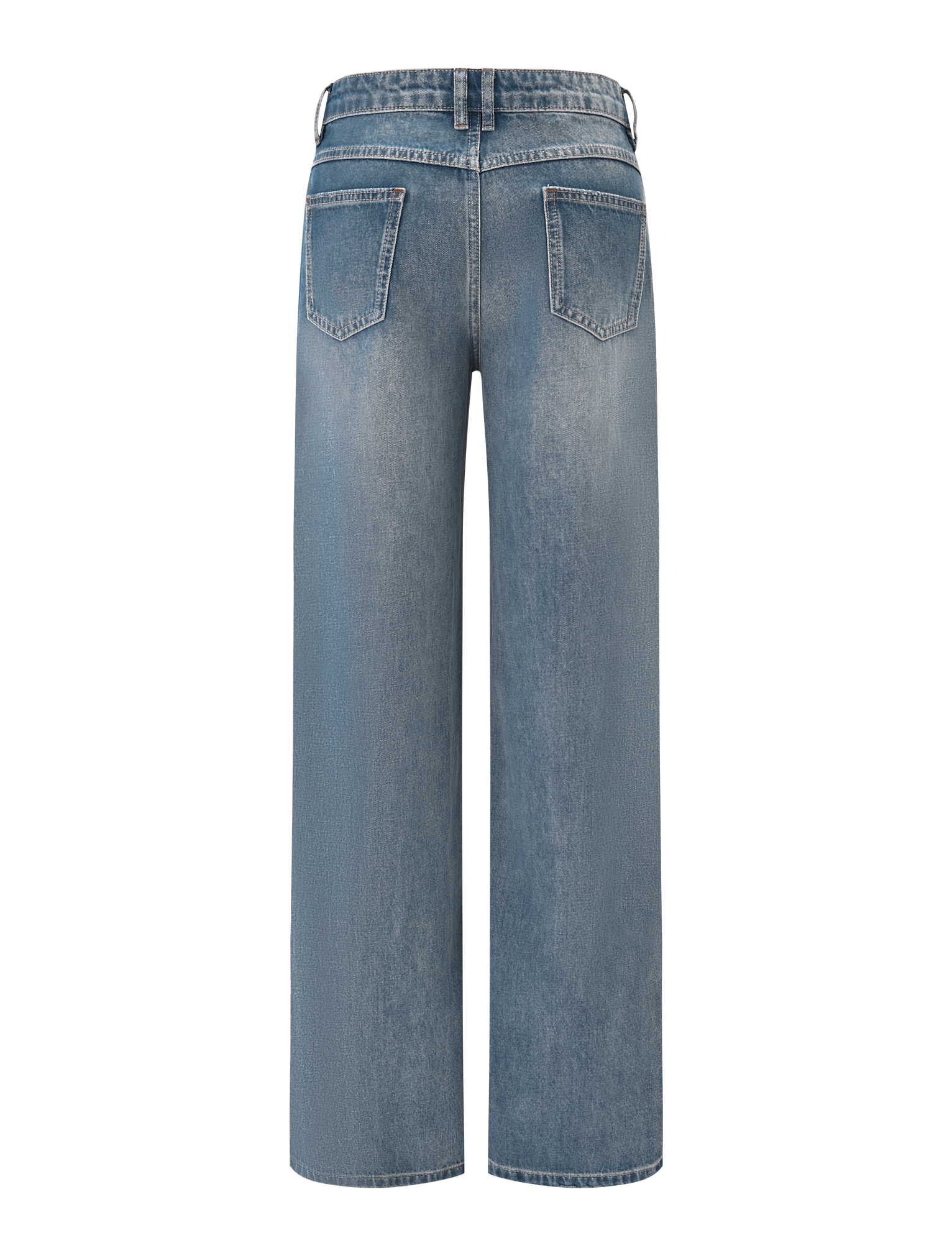 Back view of the TIGERMIST ESTRELLA JEAN - MID WASH, featuring high-waisted, straight leg design in mid blue, with two back pockets, a faded wash, and button fly.