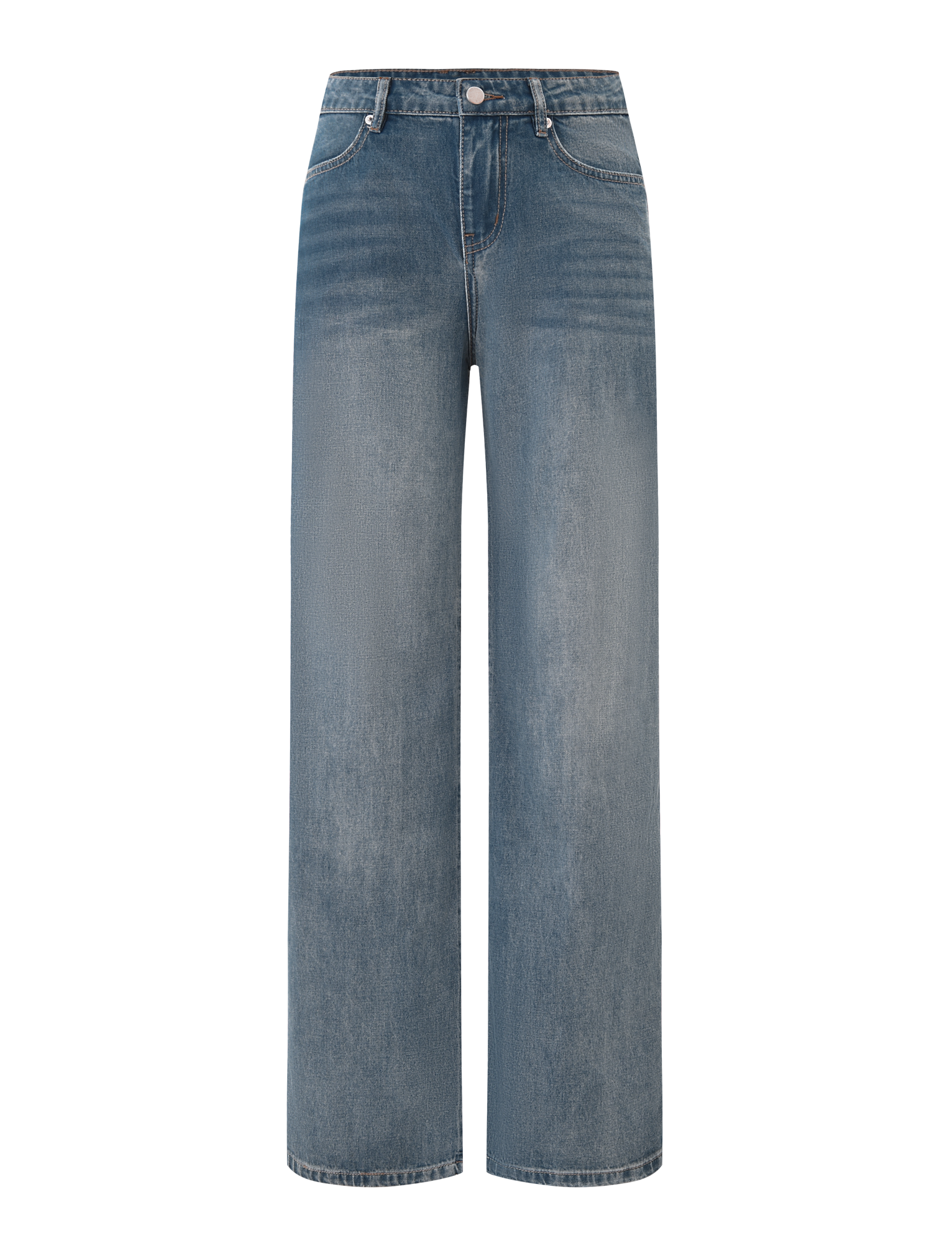 The ESTRELLA JEAN - MID WASH by TIGERMIST features high-waisted, wide-leg blue denim with a button fly, front pockets, and a vintage-look faded mid-wash finish.