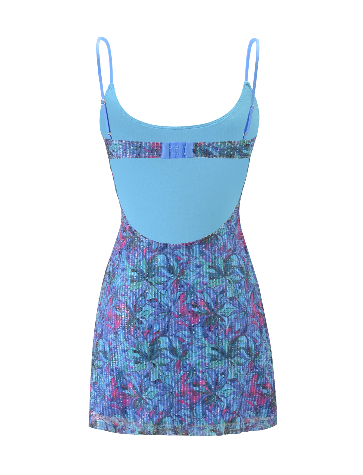The TIGERMIST ZEINA MINI DRESS features a sleeveless, fitted design with thin straps, a solid light blue bodice, a blue, purple, and pink floral sequin skirt, stretchy fabric for comfort, and a chic cutout back.