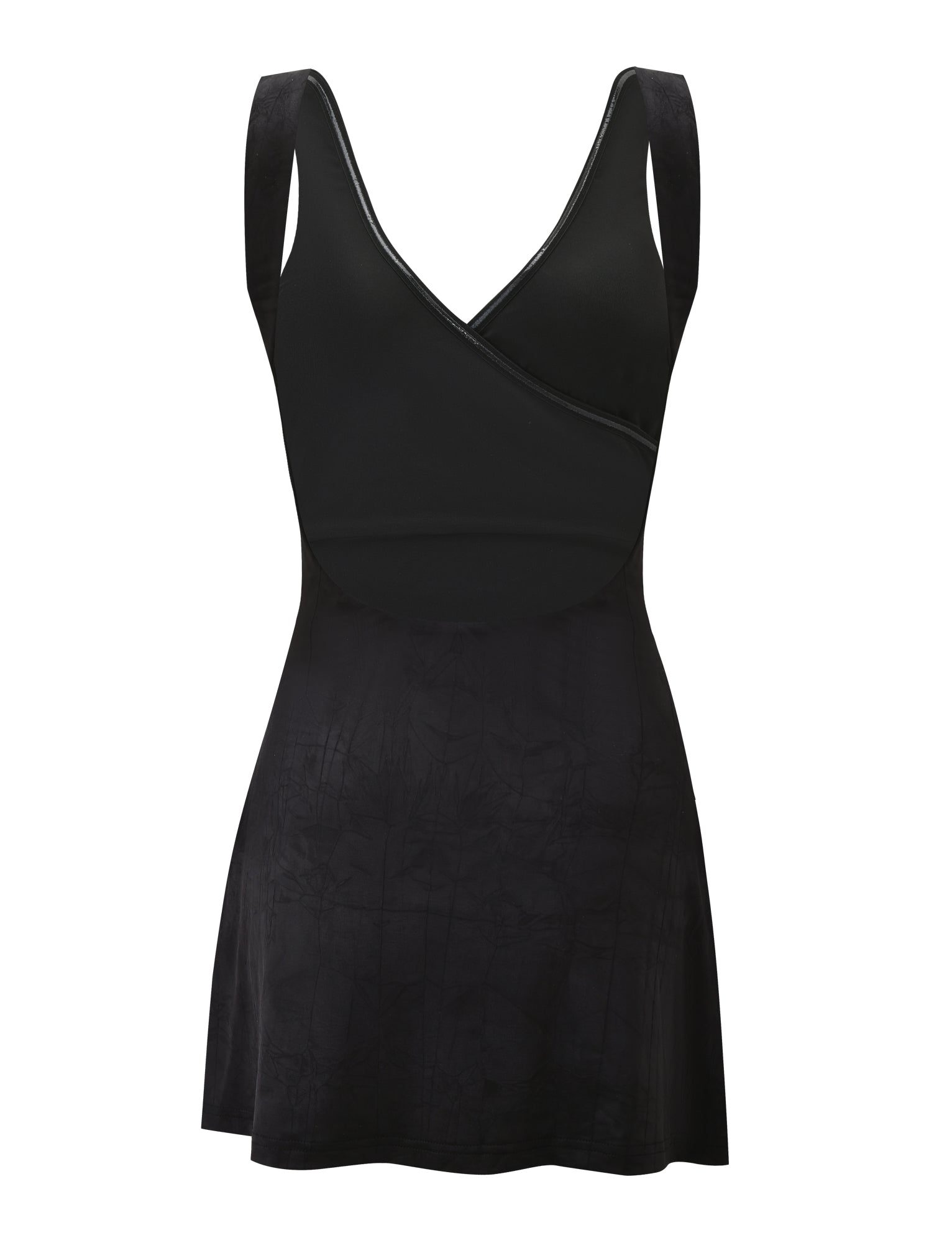 The TIGERMIST NURA MINI DRESS - BLACK is a sleeveless mini dress featuring wide shoulder straps, a crossover V-wrap neckline, fitted bodice, flared skirt, and a subtle patterned skirt.