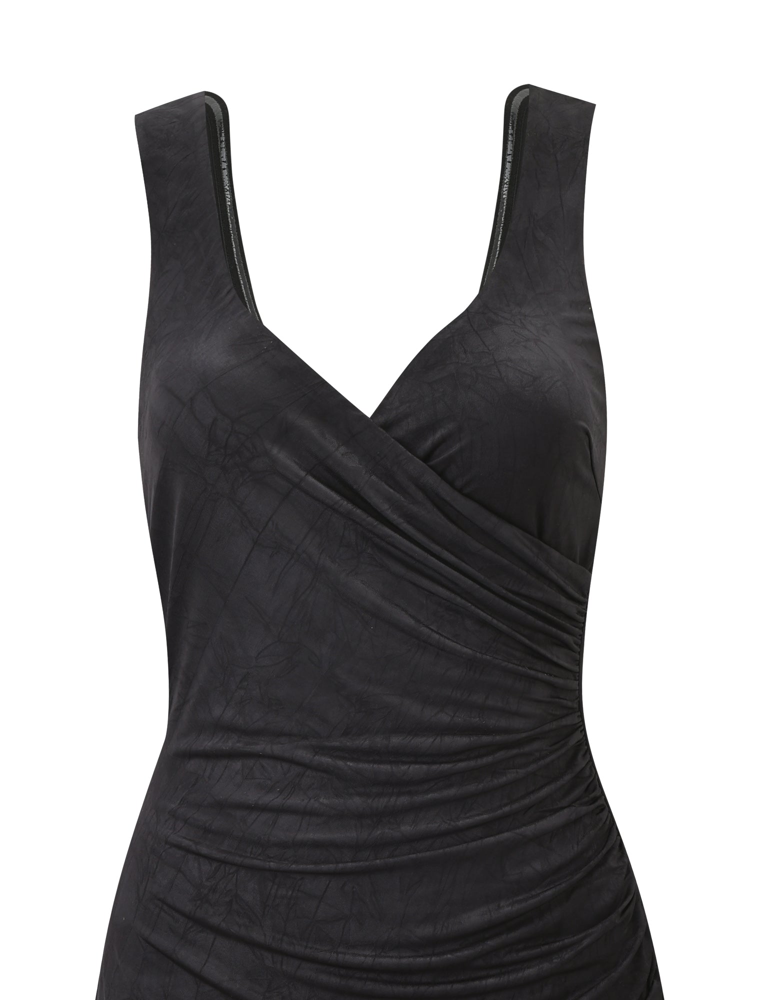 The TIGERMIST NURA MINI DRESS - BLACK is a sleeveless mini dress featuring a cross over neckline and front ruched detailing, displayed on a white background.