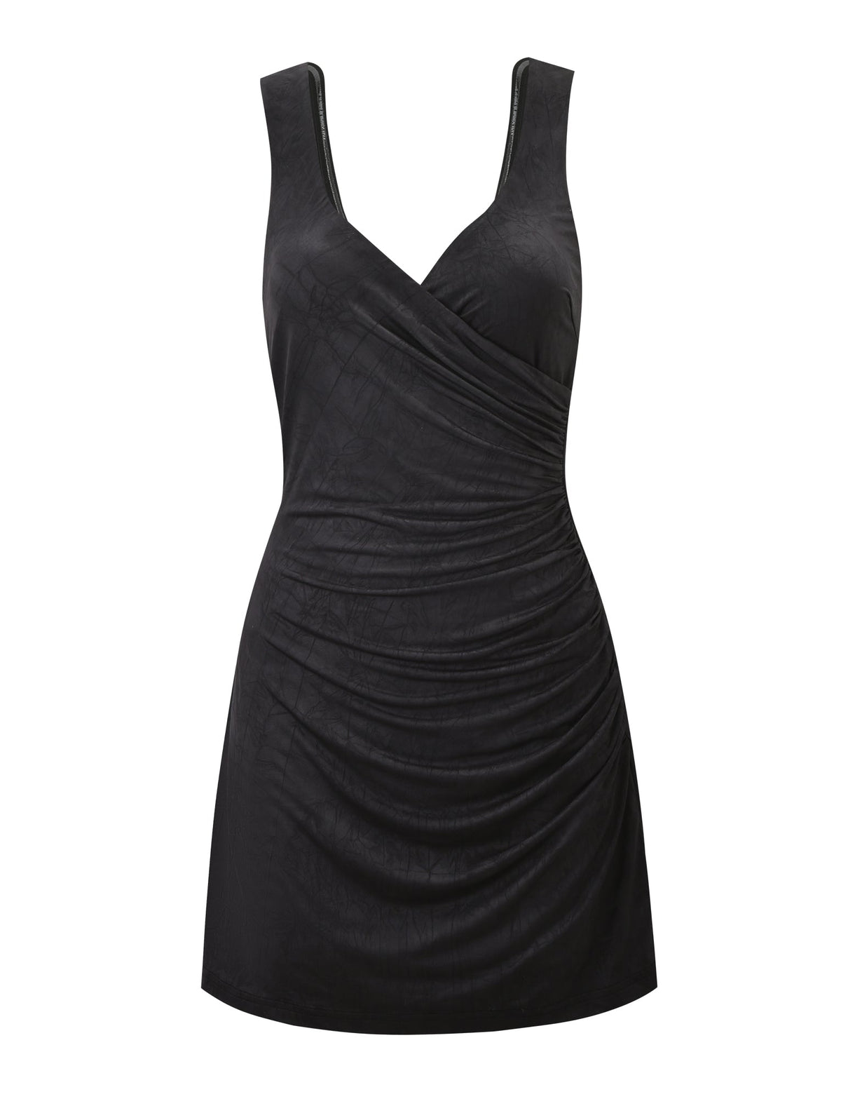 The NURA MINI DRESS - BLACK by TIGERMIST is a sleeveless, fitted mini dress featuring a V-neckline, side ruching, smooth shiny fabric, and a chic open back for added allure.