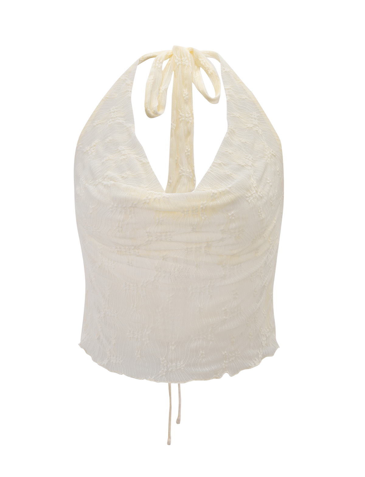 The KATERINA TOP - IVORY LACE by TIGERMIST is a white cowl neck halter with a tied neckline, draped ruched front, lightweight slightly sheer fabric, and elegant ivory lace detail for added texture.