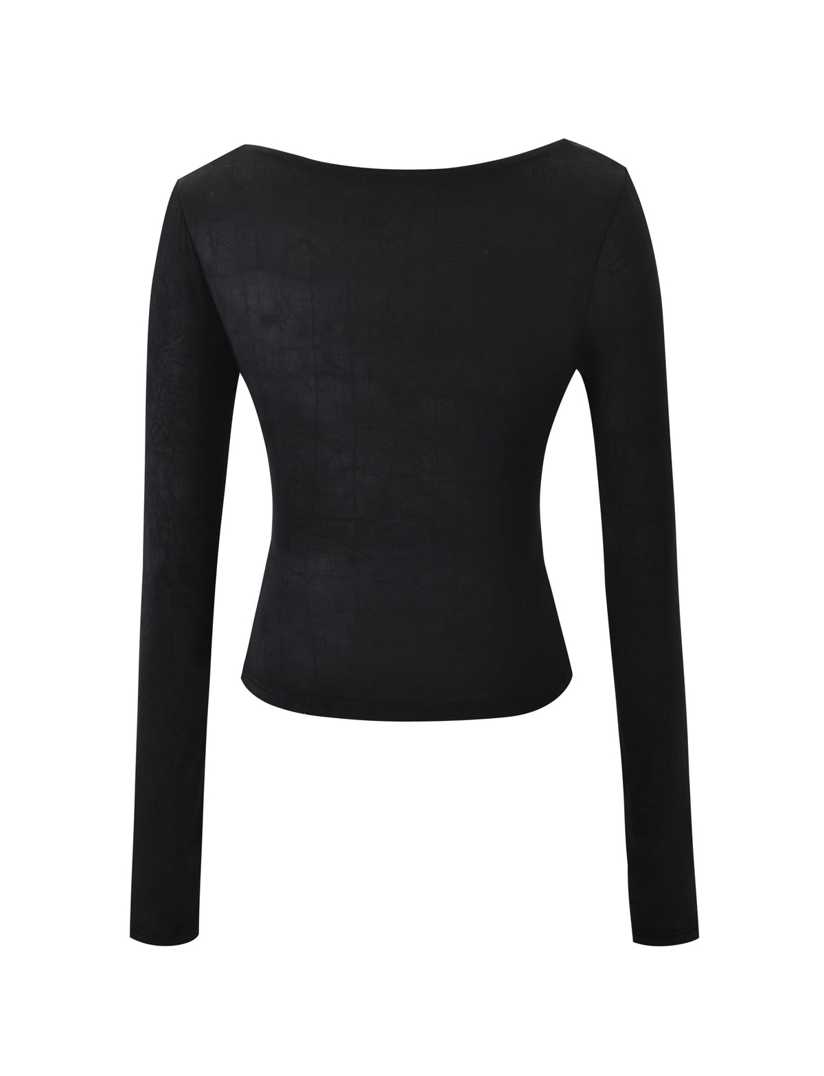 The TIGERMIST SAFFIRA LONG SLEEVE TOP in black features a wide neckline, fitted silhouette, and is showcased from the back against a white background.