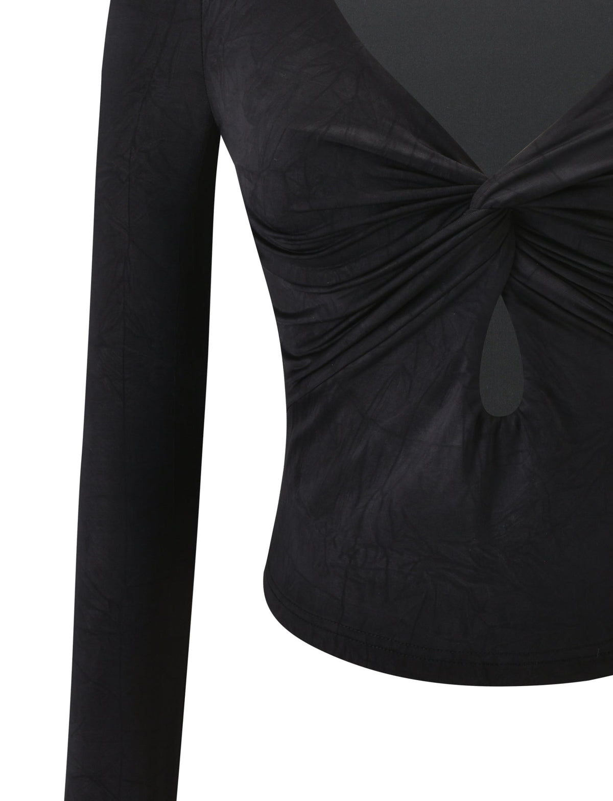 A close-up of the TIGERMIST SAFFIRA LONG SLEEVE TOP in black, showcasing its twisted knot and keyhole front, fitted silhouette, and low-cut V neckline.