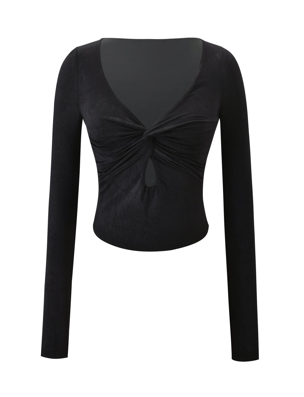 The SAFFIRA LONG SLEEVE TOP - BLACK by TIGERMIST is a fitted crop with a low-cut V neckline, twist knot front, and keyhole detail, creating a stylish look against a white background.