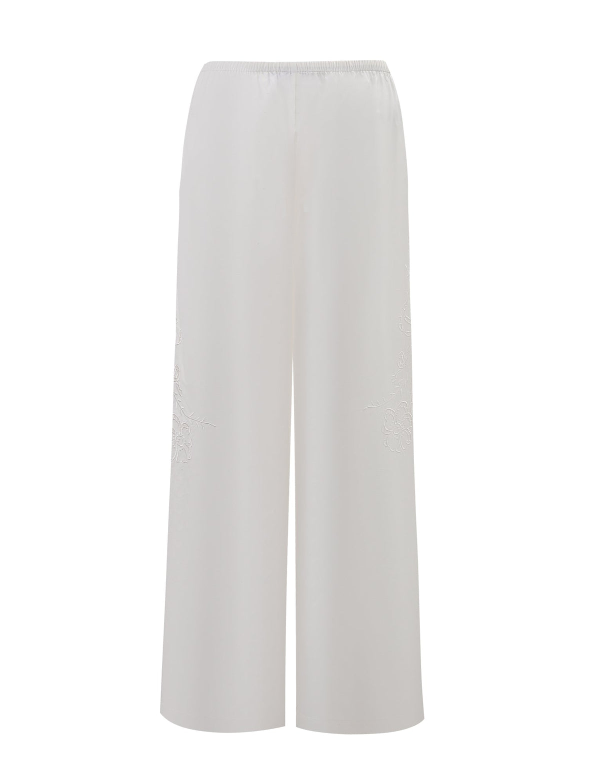 The TIGERMIST CRESSY PANT - WHITE is a full-length, wide-leg cotton pant featuring a high waist, elastic waistband, and subtle leg embroidery, shown against a plain white background.