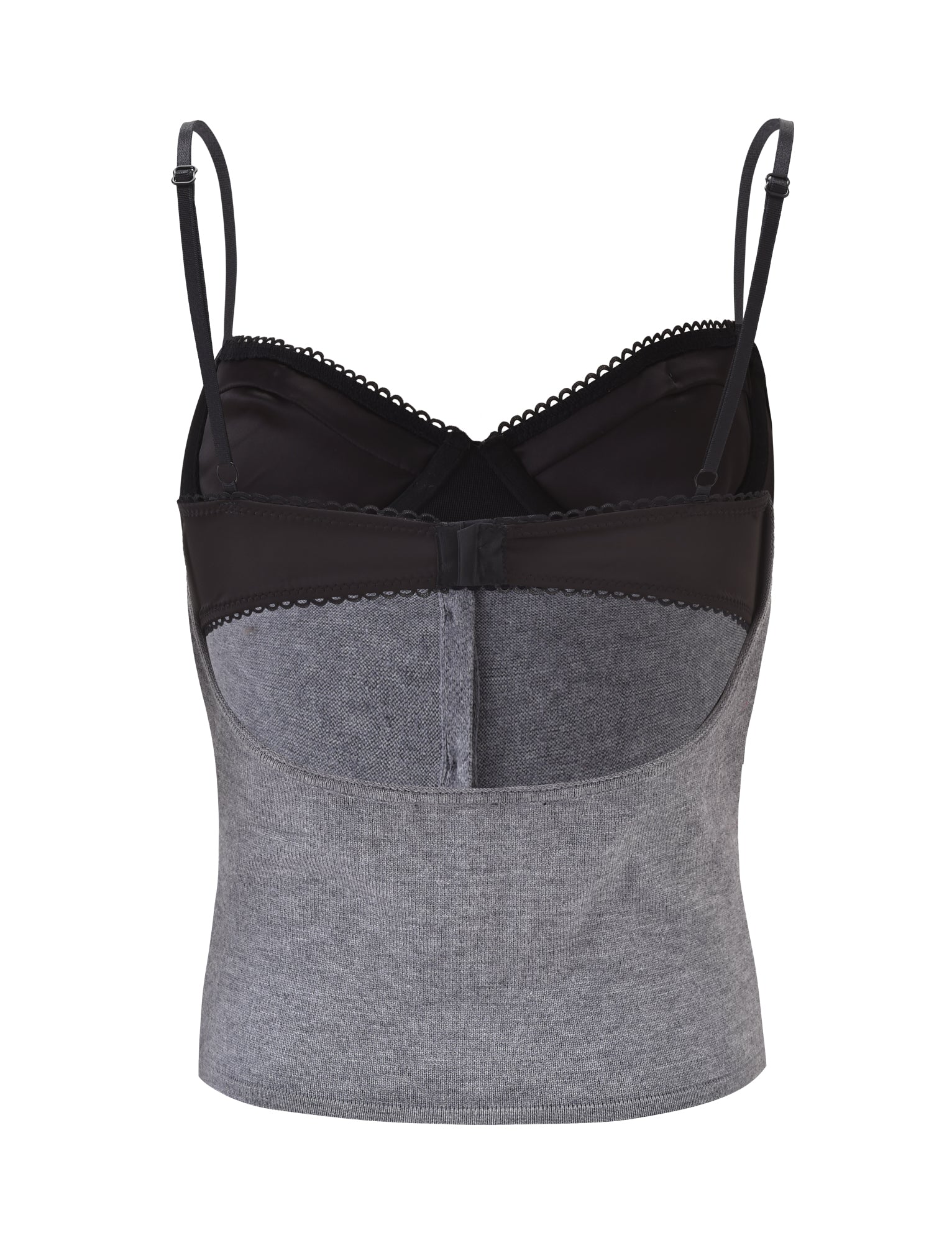The ROWENA TOP - GREY by TIGERMIST is a cropped tank with adjustable straps, black upper panel, grey ribbed lower section, and lace trim along the back. Designed for comfort like a knit tube top.