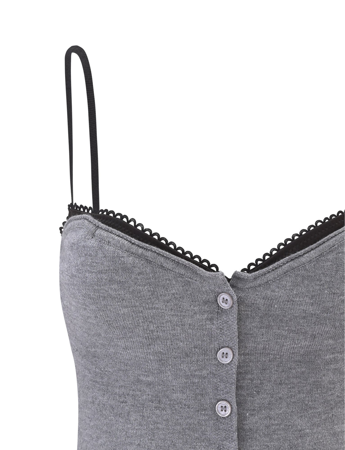 Close-up of the TIGERMIST ROWENA TOP in grey, featuring thin black adjustable straps, decorative black scalloped trim along the neckline, and three small buttons down the front.