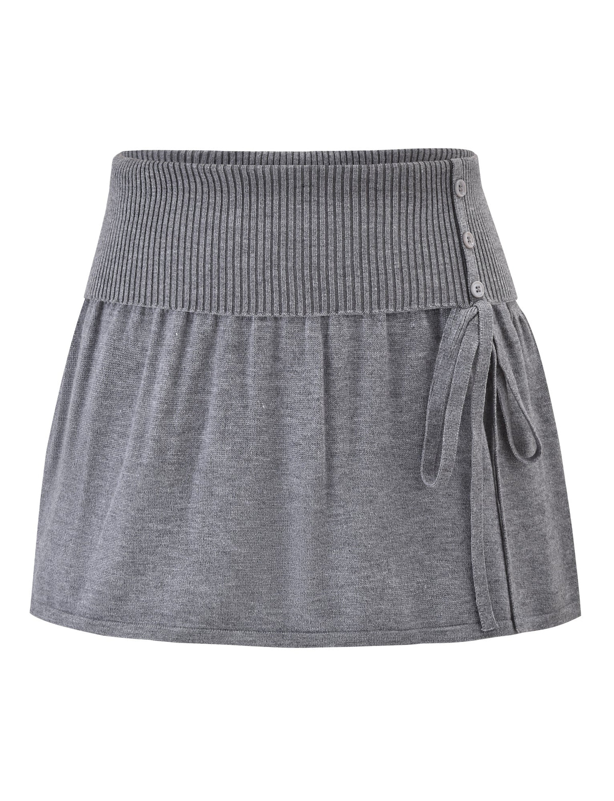 The TIGERMIST ROWENA MINI SKIRT - GREY is a knit mini skirt with a wide ribbed waistband, button and side tie details, easy pull-on construction, shown on a white background.