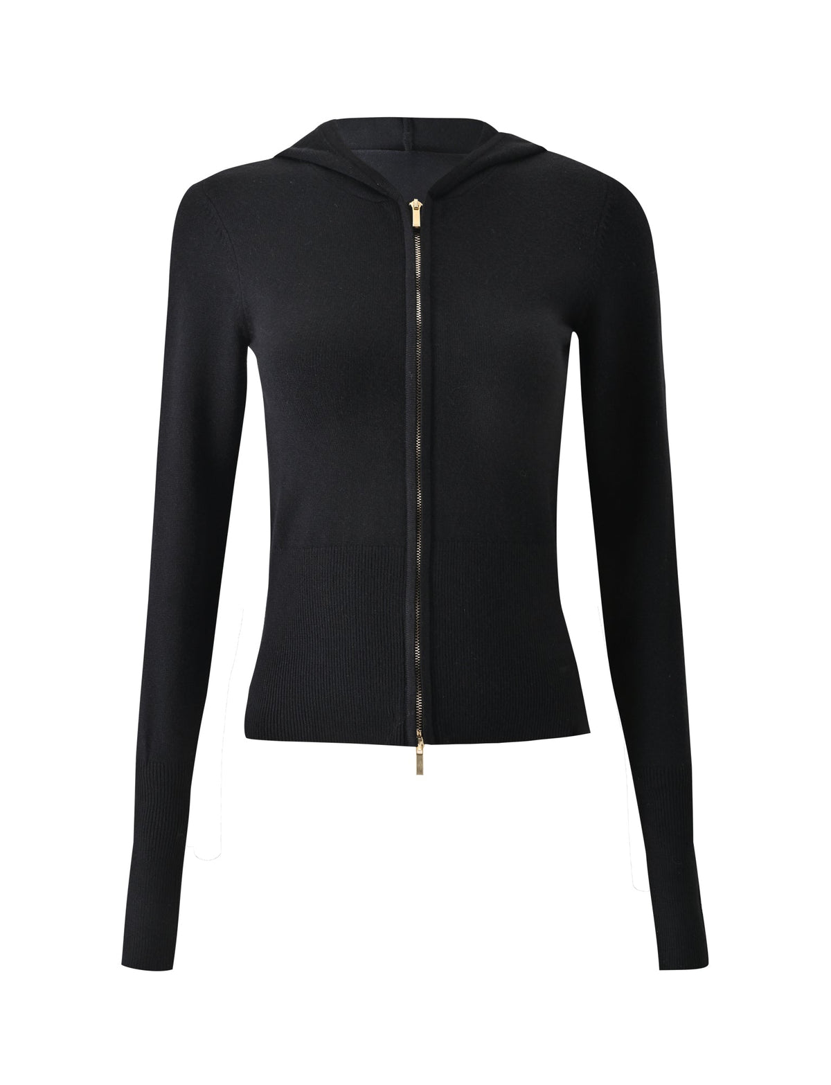 The TIGERMIST SARINA JUMPER - BLACK is a fitted black knit hoodie with long sleeves and a gold front zipper closure, shown against a plain white background.