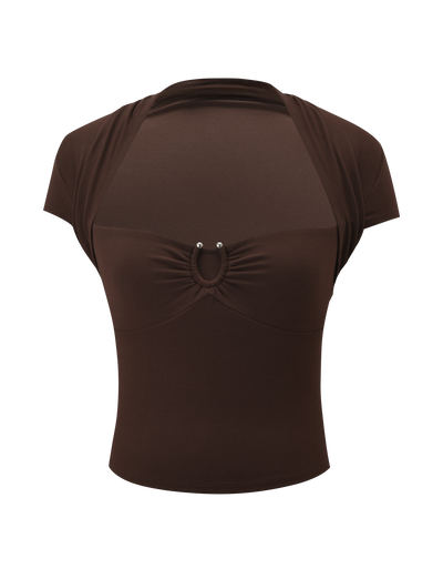 The LUNARA TOP - CHOCOLATE by TIGERMIST features short sleeves, a shawl neckline, mesh panels on the chest and shoulders, and a silver metal trim ring detail at the center front under the bust.