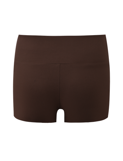 The TIGERMIST LUNARA SHORT - CHOCOLATE is a pair of high-waisted, fitted mini shorts with a wide waistband, shown from the back against a white background.