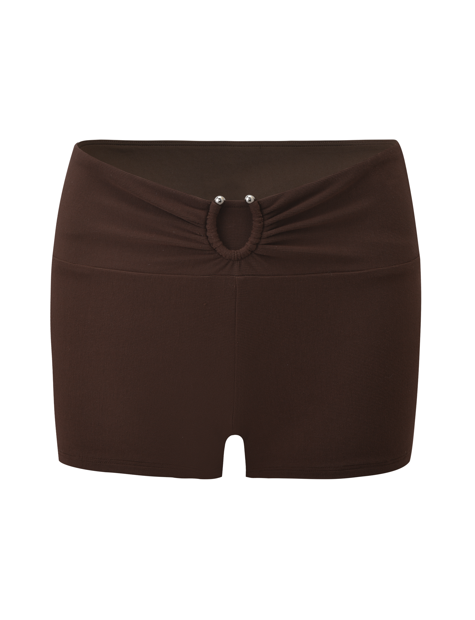 The LUNARA SHORT - CHOCOLATE by TIGERMIST features a gathered waistband, ruched front, small oval cutout, and two metallic stud accents.