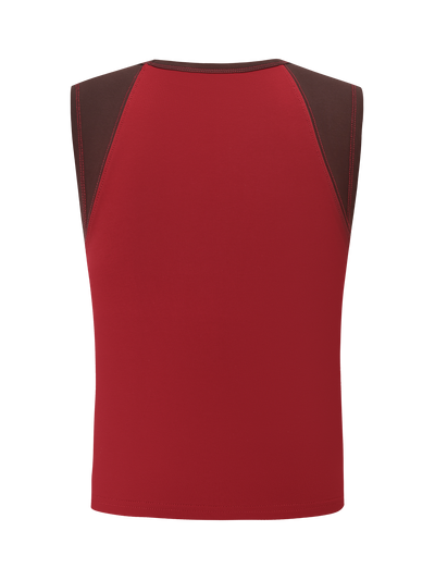 The FIERA TEE - RED by TIGERMIST is a sleeveless athletic top with a red body and dark brown shoulder panels, displayed from the back on a plain white background.