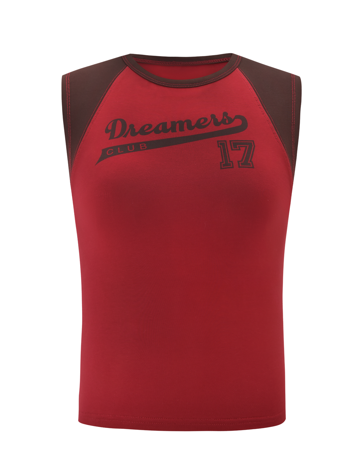 The TIGERMIST FIERA TEE - RED is a sleeveless top with dark brown shoulders and neckline, featuring "Dreamers Club" and the number 17 in black on the chest for a sporty take on a classic baseball style.