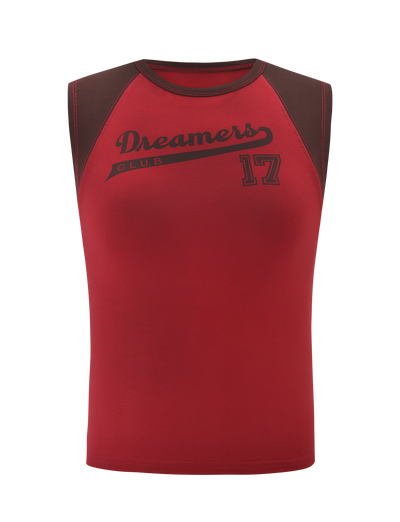 The TIGERMIST FIERA TEE - RED is a sleeveless top with dark brown shoulders and neckline, featuring "Dreamers Club" and the number 17 in black on the chest for a sporty take on a classic baseball style.