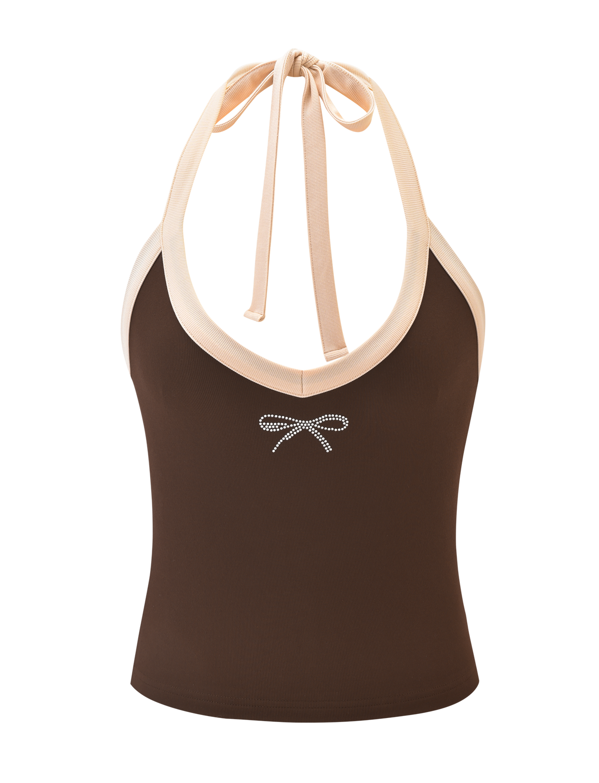 The TIGERMIST ALYSIA TOP - CHOCOLATE is a brown ribbed halter neck style with cream tie-back straps and a small diamanté applique bow on the chest.