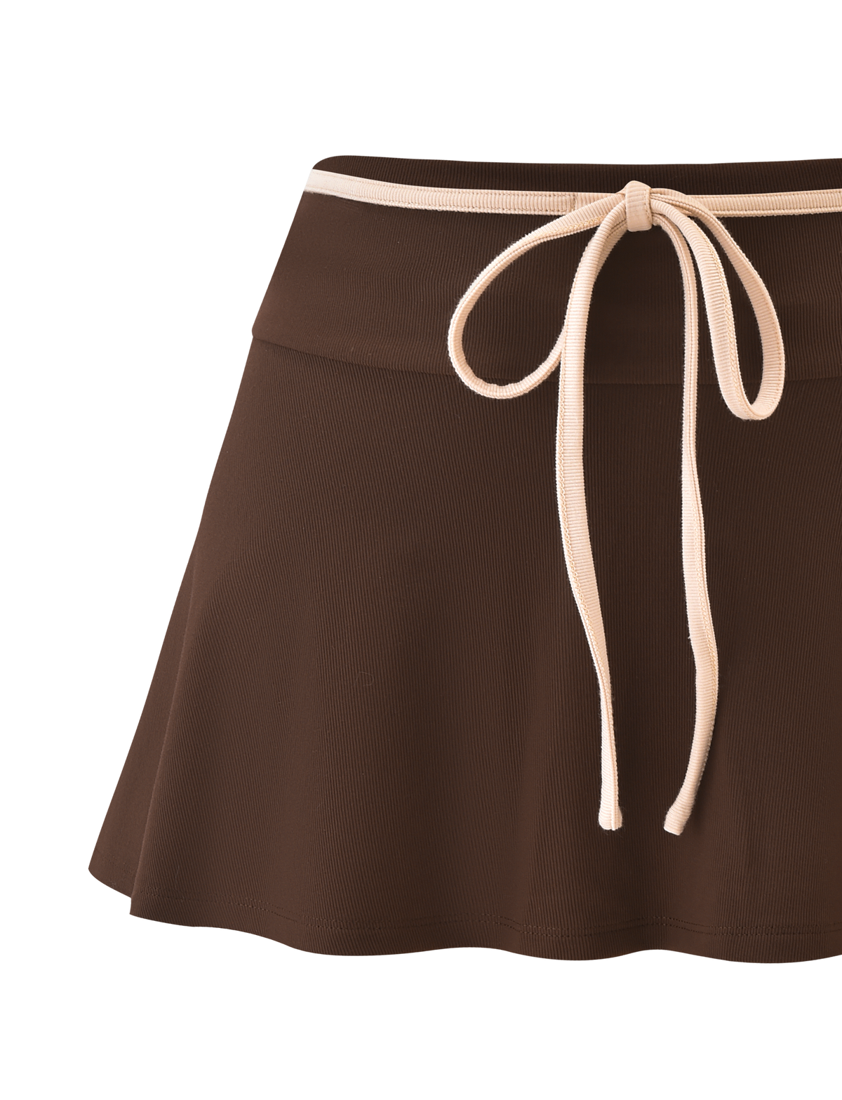 The TIGERMIST ALYSIA SKORT in chocolate features an A-line mini design with a light beige drawstring waist, shown against a plain background.