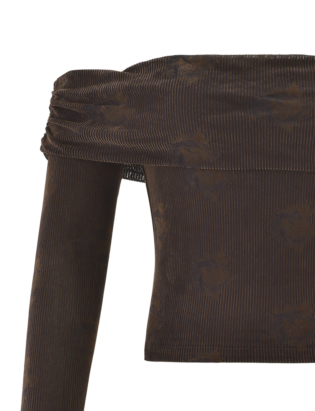 Close-up of the KORRA TOP - CHOCOLATE ROSE by TIGERMIST featuring brown ribbed fabric, subtle textured patterns, and an off-shoulder folded edge with a ruched effect.