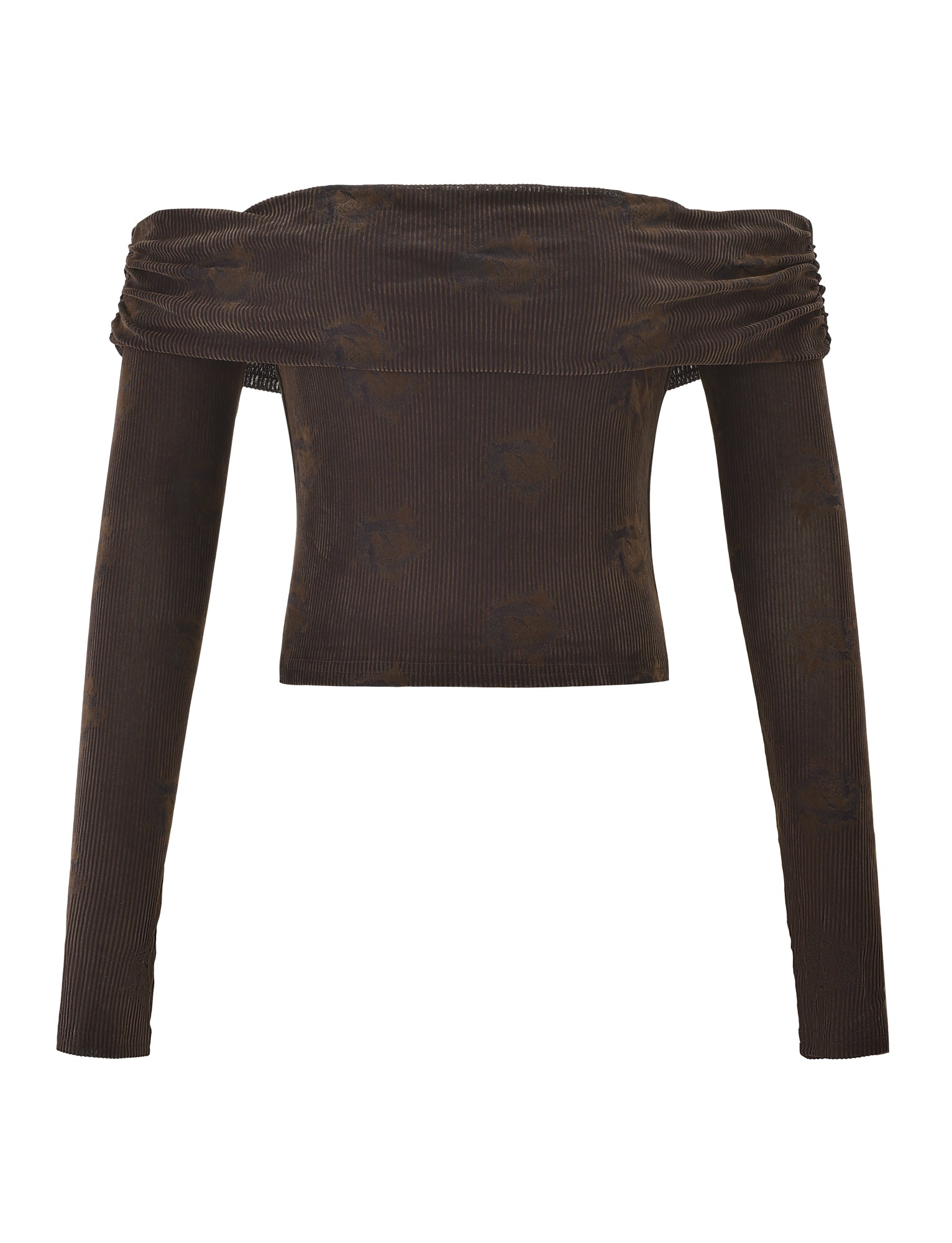 The KORRA TOP - CHOCOLATE ROSE by TIGERMIST is a brown, off-the-shoulder velvet top featuring ruched neckline detailing and fitted long sleeves for a chic, elevated look.