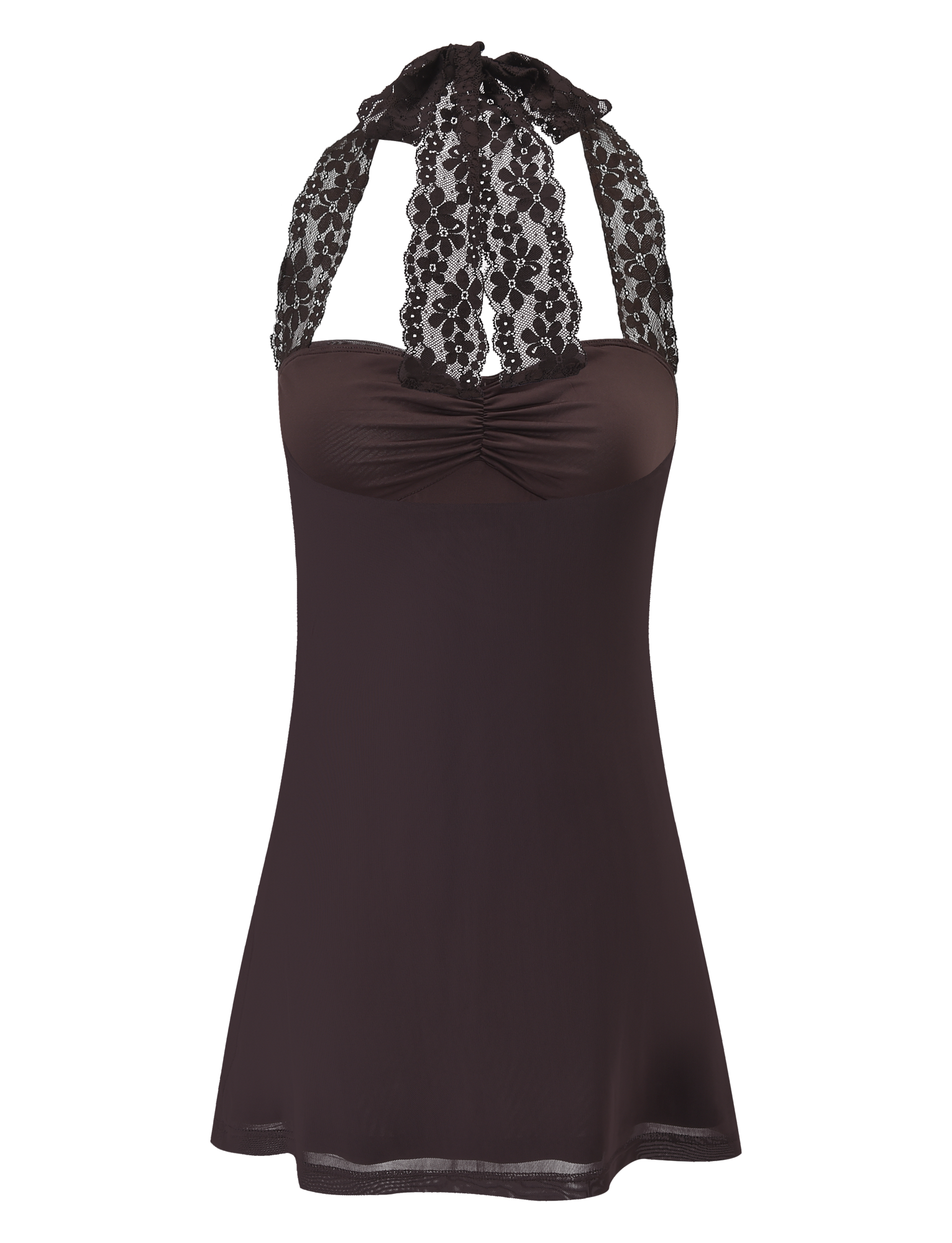 The TIGERMIST TAWNY MINI DRESS - CHOCOLATE is a sleeveless halter dress featuring a lace neckline and straps, gathered bust, and a flowy, slightly sheer skirt.