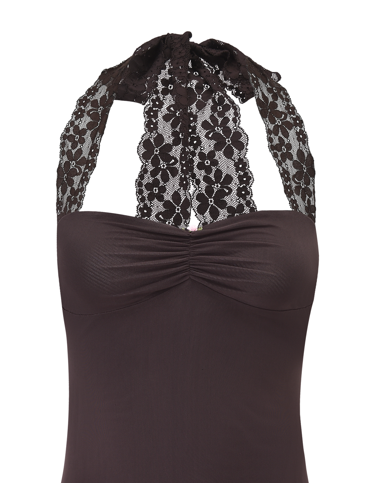 A close-up of the TIGERMIST TAWNY MINI DRESS in chocolate, featuring a lace halter design with a sweetheart neckline, floral lace straps, and ruched bust detail, displayed on a plain white background.