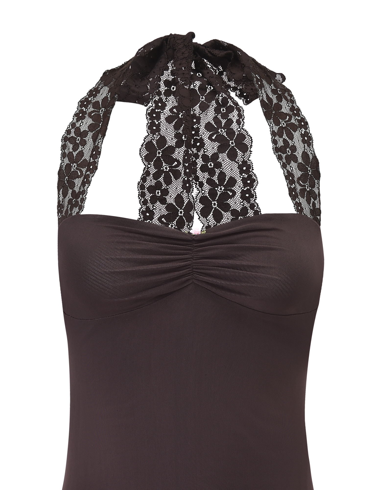 A close-up of the TIGERMIST TAWNY MINI DRESS in chocolate, featuring a lace halter design with a sweetheart neckline, floral lace straps, and ruched bust detail, displayed on a plain white background.