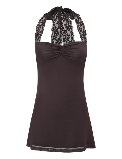 The TAWNY MINI DRESS - CHOCOLATE by TIGERMIST is a sleeveless lace halter dress in dark brown, featuring a ruched bust, wide tie straps, sweetheart neckline, fitted bodice, and a slightly flared short hemline.